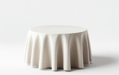 A minimalistic 3D render of a round stand covered with a plain tablecloth, presented in a front view against a clean white background, with realistic fabric details and a polished