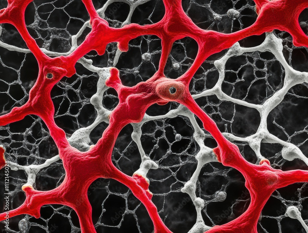 Poster detailed micrograph of red and white cellular structures illustrating complex interactions in biolog