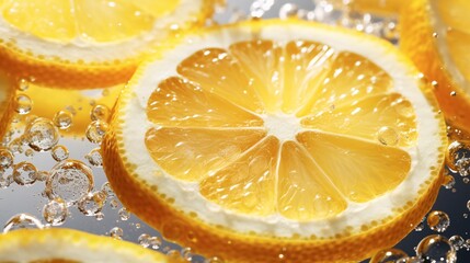 Lemon slices arranged in water with sparkling reflections and bubbles
