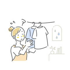 洗濯物の部屋干しに不満な若い女性　シンプルでお洒落な線画イラスト
