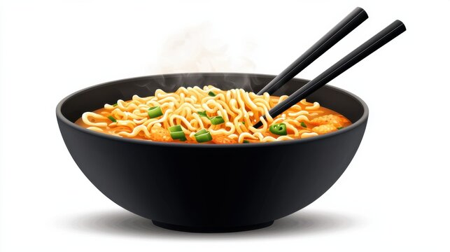 Steaming hot Asian style noodle dish served in a black ceramic bowl with chopsticks