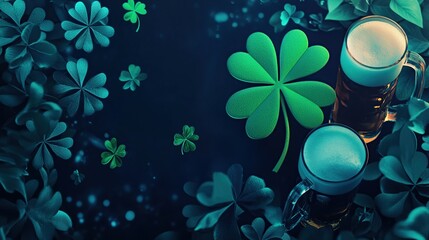 Two beer steins surrounded by shamrocks.