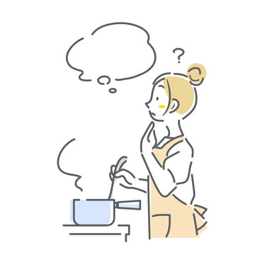 recommend clip art: 料理中に考え事をする女性　シンプルでお洒落な線画イラスト