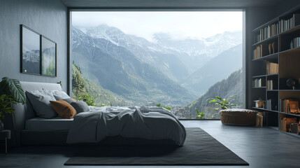 Fototapeta premium The walls are painted in a muted gray, creating a calm and serene atmosphere. The concrete floor adds an industrial touch, complementing the modern aesthetic.