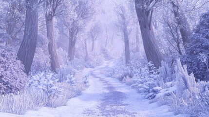 Fototapeta premium Winter Wonderland: Serene Snow-Covered Path Through Sparkling Frost Forest in Soft Light - Ultra-Detailed Photorealistic Scene