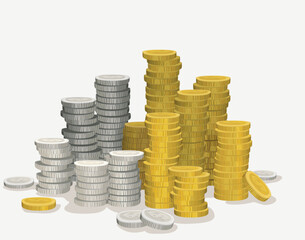 big stack of coin metal money 3D realistic money, cash, treasure pile, payment signs, bank, finance symbols vector flat illustration