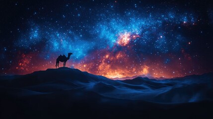 Silhouette of a camel on a desert dune under a vibrant night sky filled with stars and nebulae.