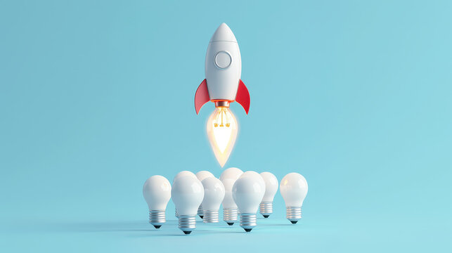 rocket shaped light bulb launching into sky, surrounded by regular light bulbs, symbolizes innovation and creativity. This vibrant scene captures excitement of new ideas taking flight