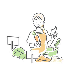 食料品の買い物をする女性　シンプルでお洒落な線画イラスト