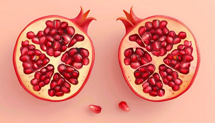 Pomegranate Seeds of Abundance: Two juicy pomegranate halves reveal a treasure trove of ruby-red seeds, symbolizing prosperity, fertility, and health.