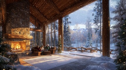 Serene Winter Evening: Family by Fireplace in Cozy Log Cabin with Softly Falling Snow - Ultra-Detailed Photorealistic Scene