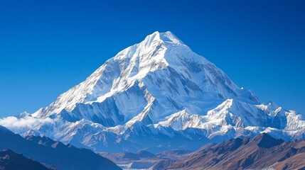 Obraz premium Majestic Snow-Capped Mountain Peak: Ultra-Detailed Winter Landscape with Sun Reflection