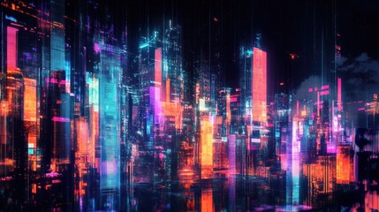 A city with a futuristic color palette, showcasing vibrant and glowing colors against a black backdrop. -