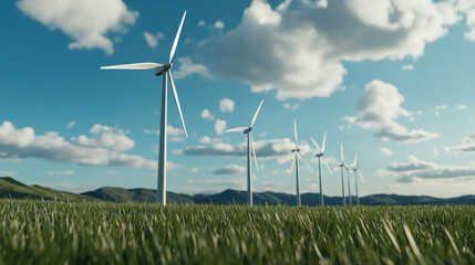 Wind turbines spinning against a backdrop of clear blue skies