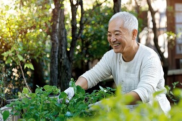 Fototapeta premium A joyful older man tends to his garden, surrounded by lush greenery, expressing happiness and connection with nature.