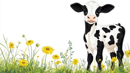 Cute Spotted Cow Standing in a Lush Meadow with Yellow Flowers Under a Bright Sky