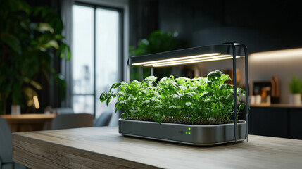 Compact hydroponic garden setup inside a stylish apartment