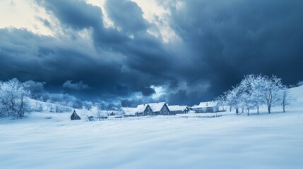 Obraz premium Winter's Wrath: Dramatic Storm Approaching Snow-Covered Village in Ultra-Detailed Photorealism
