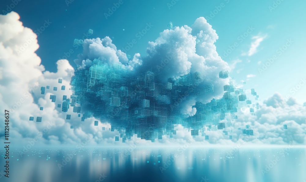 Poster ethereal cloudscape with floating digital cubes in a serene sky over a calm water surface, represent