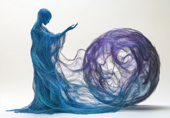 Ethereal Figure with Flowing Mane of Multi-Colored Threads Surrounded by Abstract Swirls Representing Creativity and Imagination in a Dreamlike Setting
