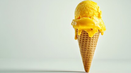 Melting yellow ice cream in a waffle cone.  Summer treat, sweet and cold.