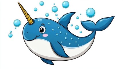 Fototapeta premium Cute Cartoon Narwhal Whale with Unicorn Horn Swimming Underwater in the Ocean
