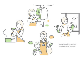 女性訪問ヘルパーのお仕事セット　シンプルでお洒落な線画イラスト © fumi