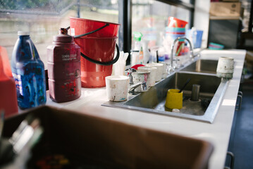 Paint Supplies in an Art class at a school