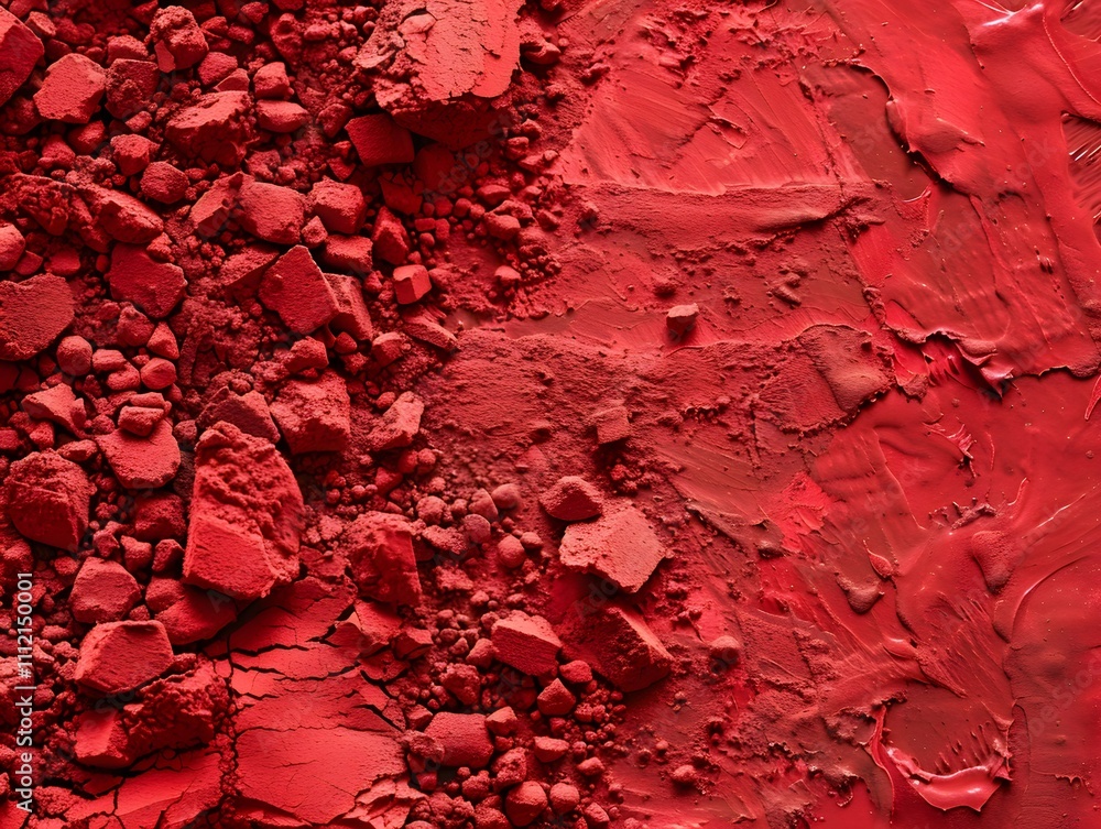 Poster a close-up of red pigments and textures, showcasing various shades and forms of red material.