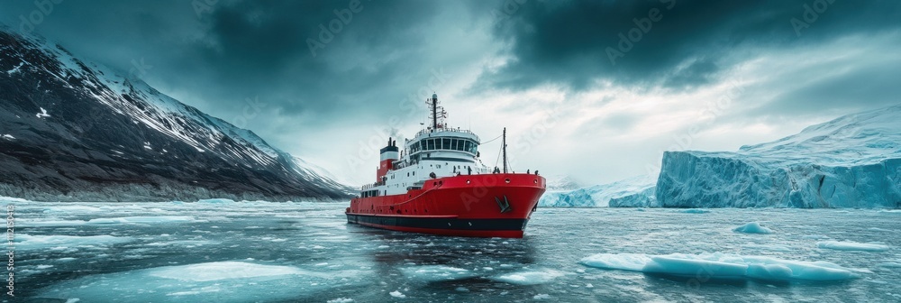 Aufkleber red icebreaker ship makes its way through icy polar waters, surrounded by towering glaciers under a 