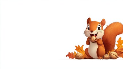 Naklejka premium Cute Cartoon Squirrel Holding Acorn in Autumn Forest Scene