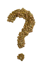 question mark made of green lentils on a white background. The concept of health care, eating healthy foods. Isolate.