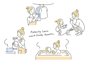 若いお母さんの家事・育児セット　シンプルでお洒落な線画イラスト