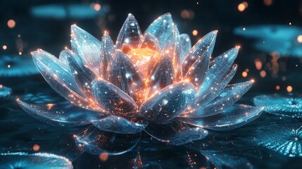 A glowing, digital lotus flower on a blue background.