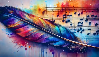 An ink feather and a sheet of music; abstract color painting, creating a blend of art and music.