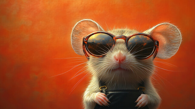 Funny mouse wearing sunglasses poses confidently against a vibrant orange background during a playful moment. Generative AI