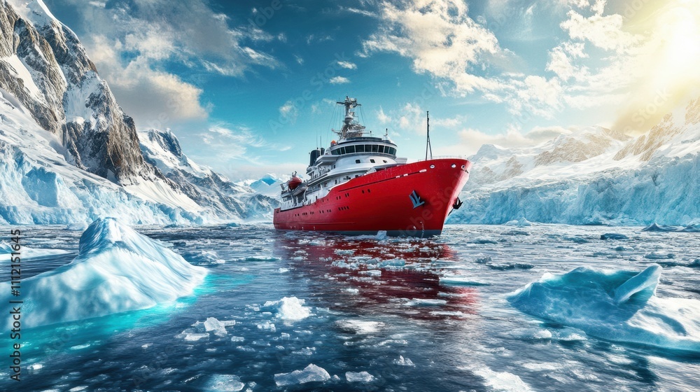 Aufkleber a red icebreaker ship cuts through frozen waters, exploring glaciers and navigating the breathtaking