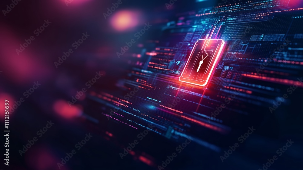 Poster Digital security interface showcasing a lock symbol on a smartphone with data streams in a futuristic setting