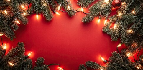 Christmas Glow: Pine Branches and Lights on a Vibrant Red Background
