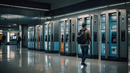 traveler using a locker system in a contemporary train station or airport terminal