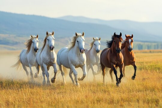Majestic Herd of Horses in Captivating Gallop Across Golden Field, Embodying Freedom and Untamed Beauty Under a Serene Sky