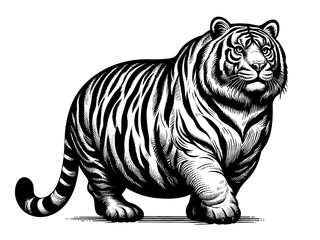 Naklejka premium Fat chubby tiger with bold stripes and a playful demeanor, blending humor and artistic detail sketch engraving generative ai PNG illustration. Scratch board imitation. Black and white image.