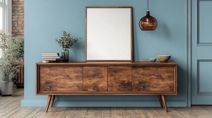 Elegant Wooden Sideboard with Mirror and Decorative Elements Against a Blue Wall in a Stylish Modern Living Space