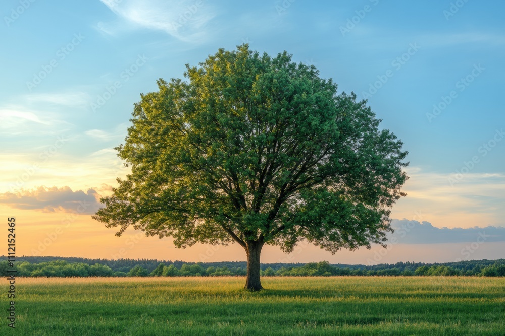 Poster a solitary tree rises majestically in a vast open field, basking in the warm hues of a sunset sky fi