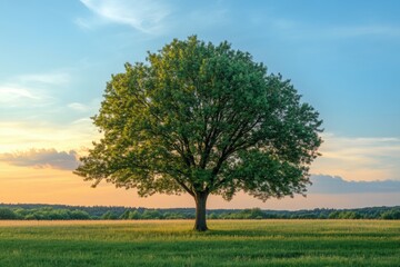 Obraz premium A solitary tree rises majestically in a vast open field, basking in the warm hues of a sunset sky filled with soft clouds. Generative AI