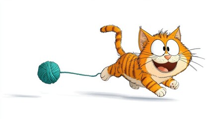 Playful Cartoon Kitten Chasing Yarn Ball in Animated Style
