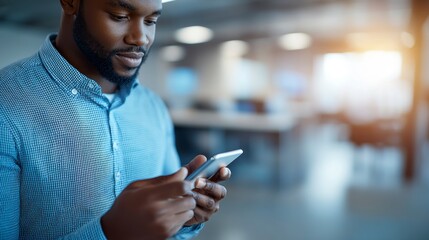 African man holding smartphone; internet usage and modern device interaction; wireless technology hand closeup.