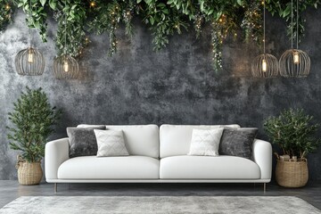 Elegant White Sofa with Decorative Cushions Against a Textured Gray Wall Surrounded by Lush Greenery and Stylish Pendant Lights