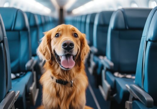 Friendly Golden Retriever Dog Smiling Inside Airplane Cabin Surrounded by Empty Seats on Travel Adventure Journey