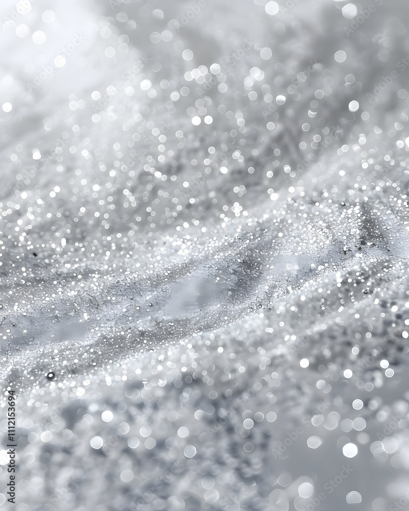 Poster a close-up of shimmering silver glitter on a soft surface, creating a dreamy effect.